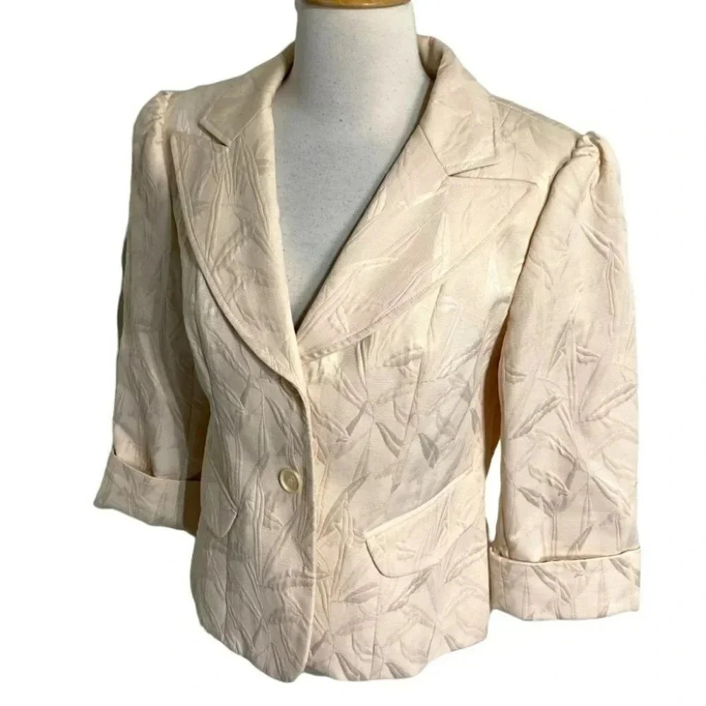 Worthington size 10 Texture Leaf Pattern Beige Blazer Jacket 3/4 Sleeve 1 Button
